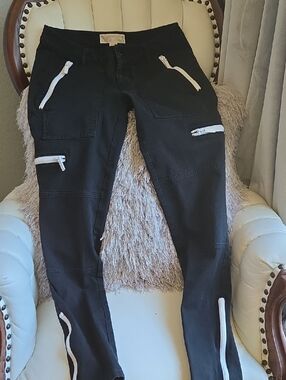 Michael Kors Black Stretch Pants with White Zip & Drawstring Accents